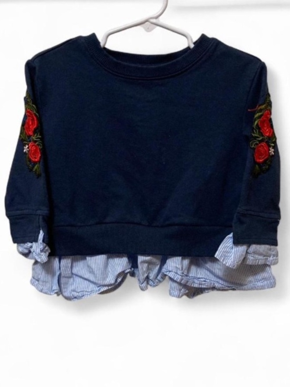 BCBG Navy embroidered Floral Sleeve Layered Hem Girls' Top